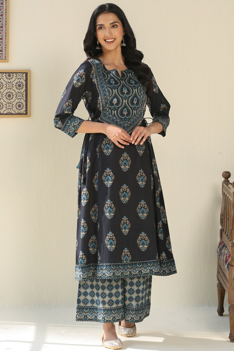 Black Printed A-Line Cotton Dobby Kurta