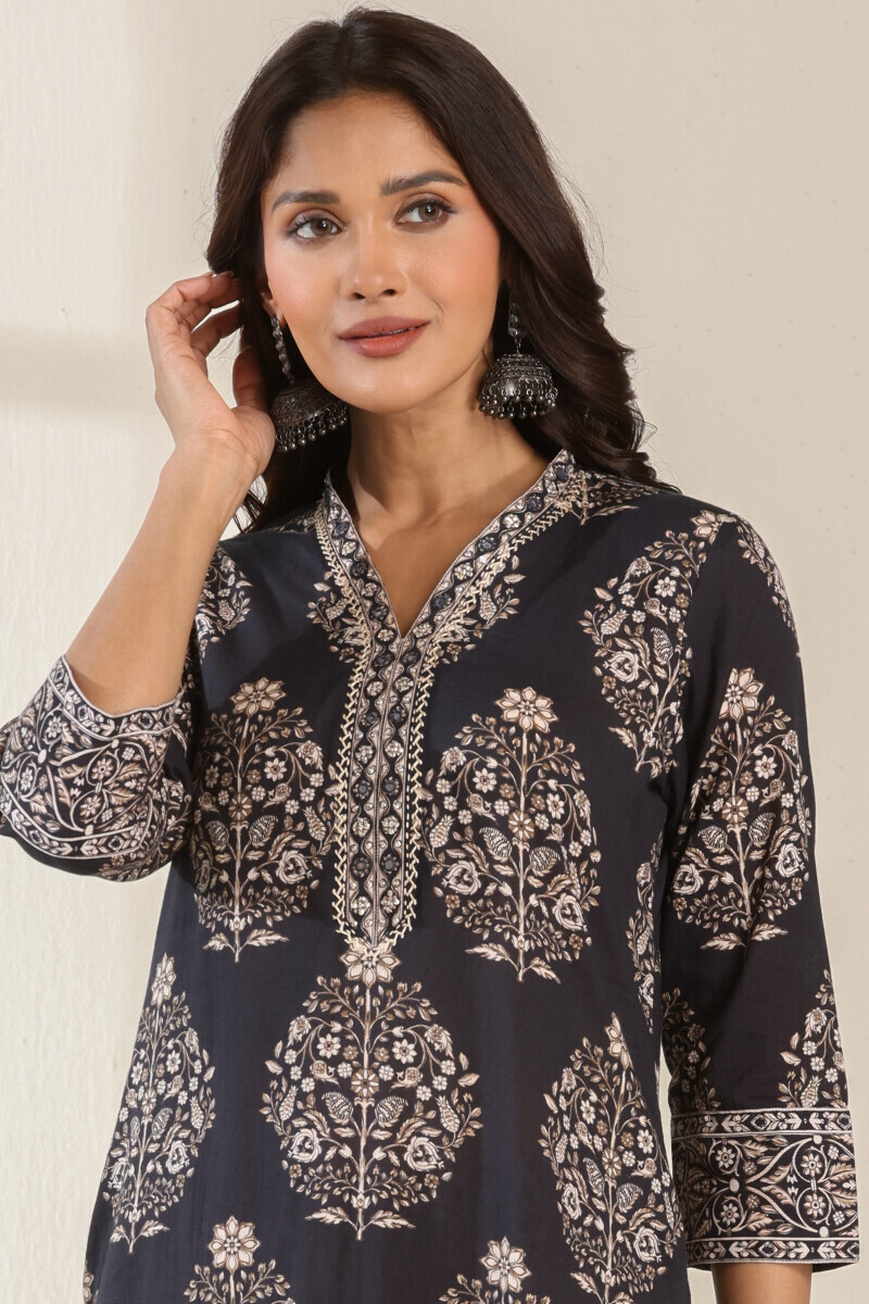 Black Printed Straight Cotton Dobby Kurta
