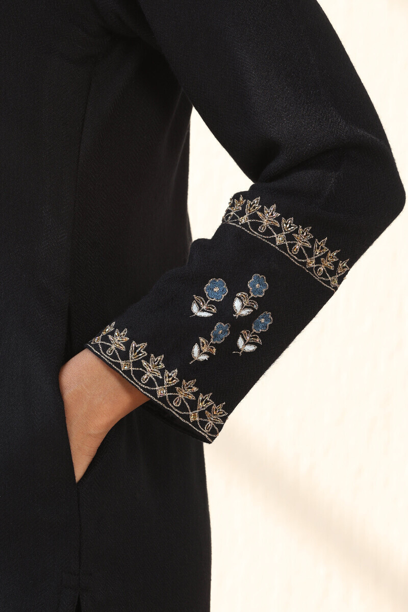 Black Handcrafted Straight Faux Wool Kurta