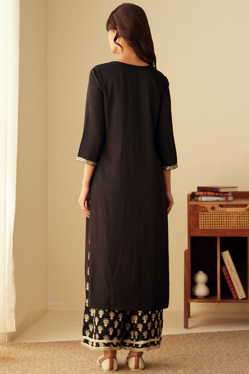 Black Handcrafted Straight Modal Satin Kurta