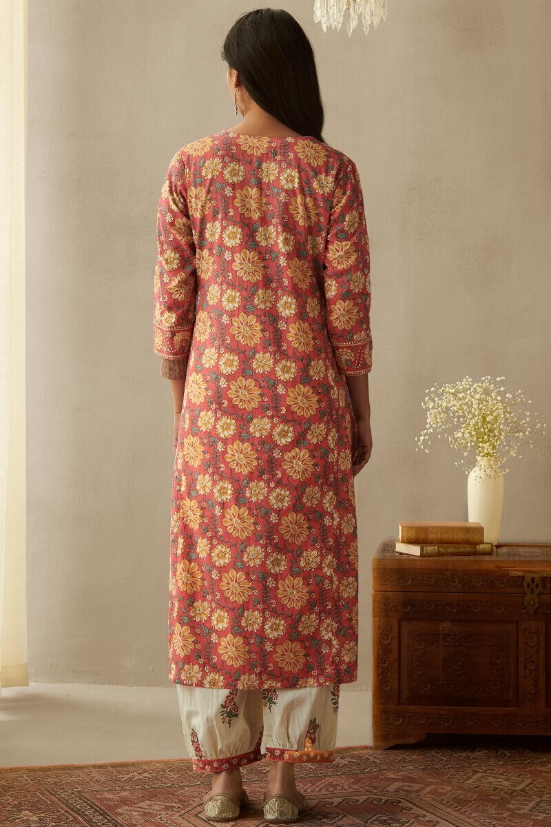 Pink Hand Printed Straight Cotton Kurta