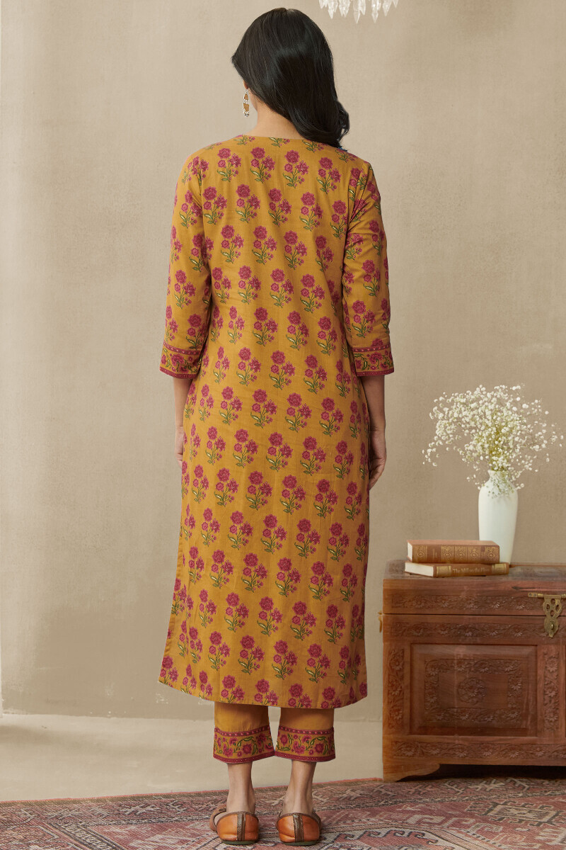 Mustard Printed Straight Cotton Kurta