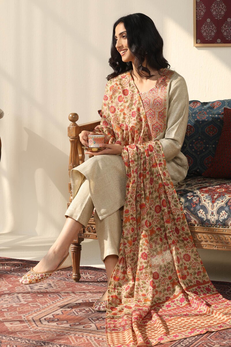 Beige Handcrafted Straight Faux Wool Kurta