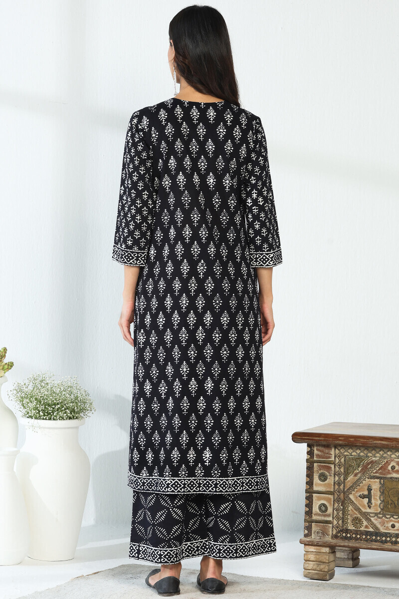 Black Hand Block-Printed Straight Cotton Kurta