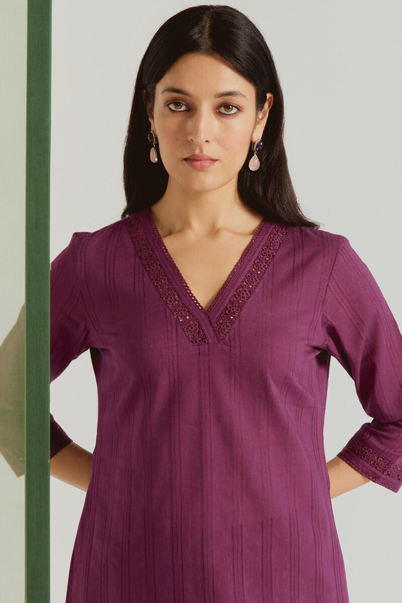 Purple Handcrafted Straight Cotton Dobby Kurta