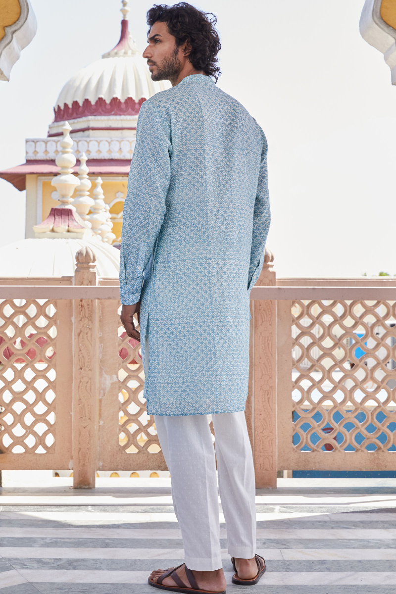 Blue Block Printed Chanderi Kurta