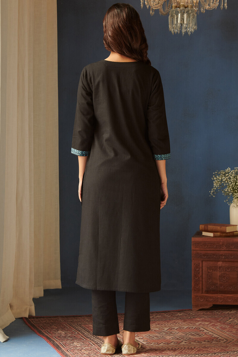 Black Handcrafted Straight Cotton Flax Kurta