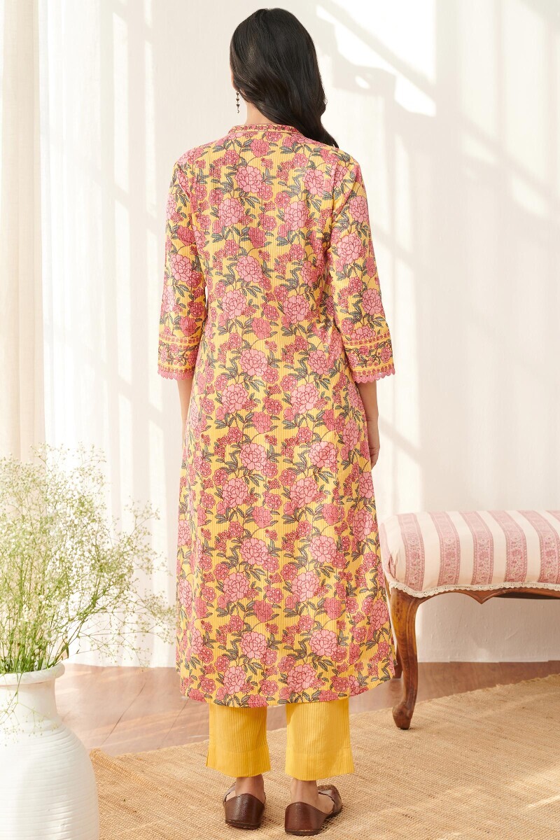 Yellow Hand Printed Angrakha Cotton Dobby Kurta