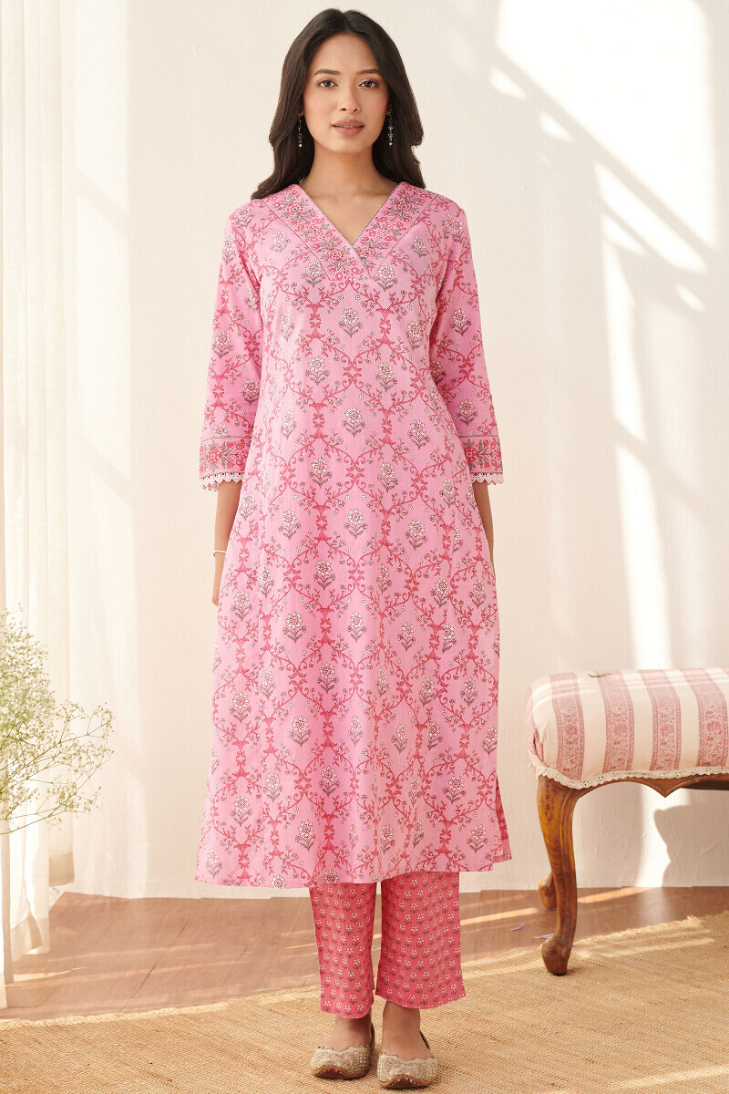 Pink Hand Printed Straight Cotton Kurta