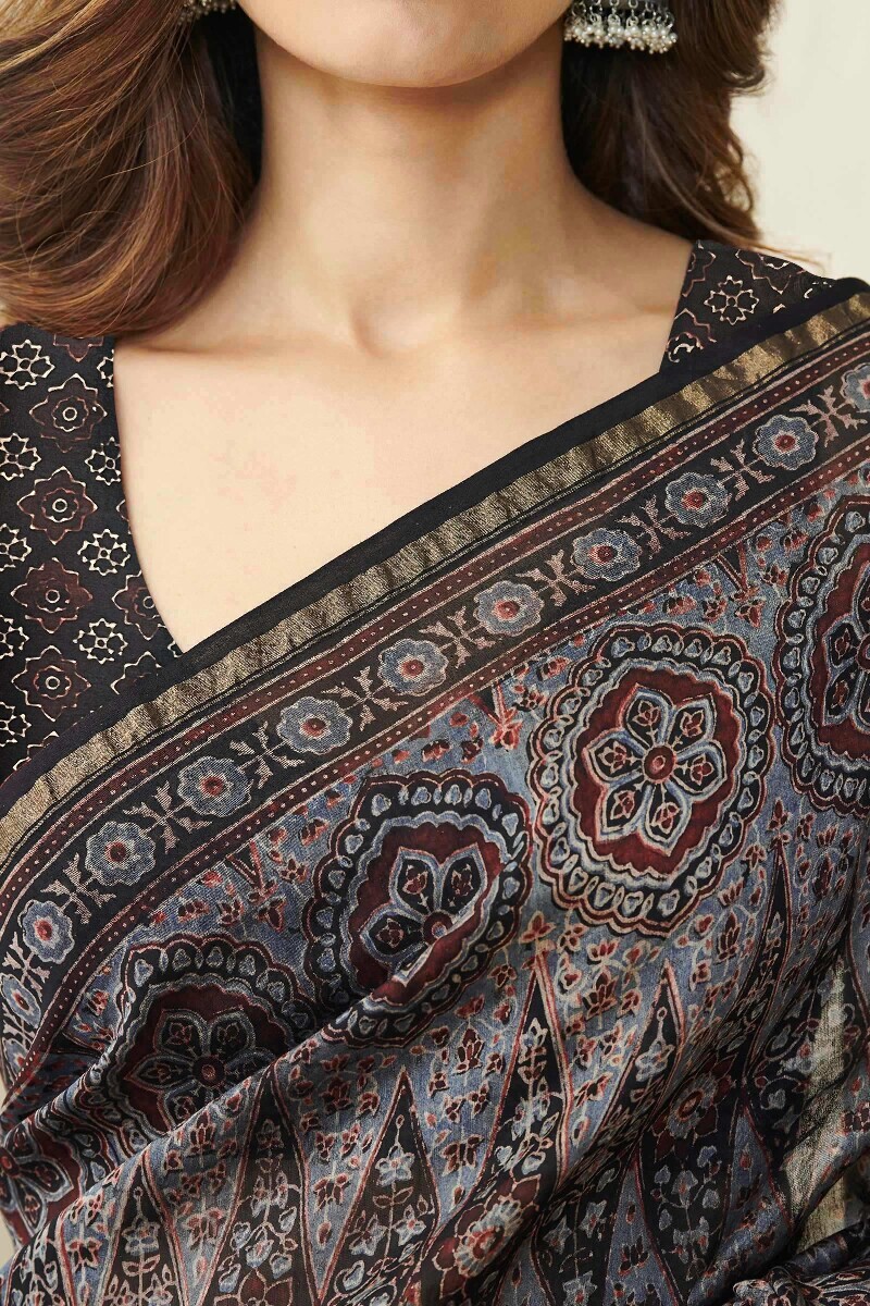 Ajrakh Hand Block-Printed Chanderi Saree