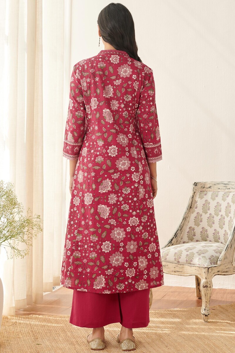 Red Hand Printed Angrakha Cotton Kurta