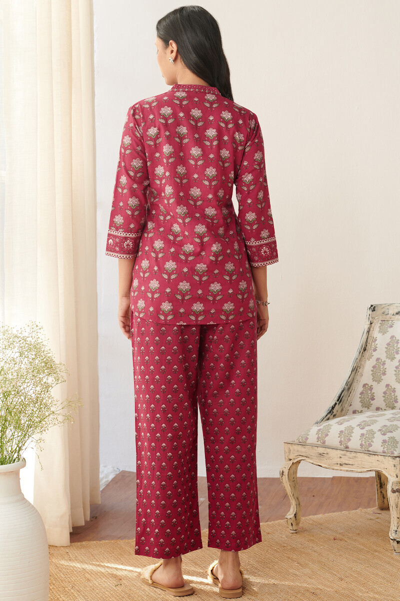 Red Hand Printed Cotton Loungewear Set