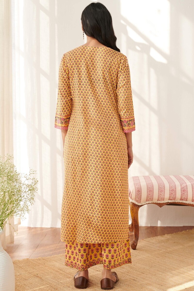 Yellow Hand Printed Straight Cotton Dobby Kurta