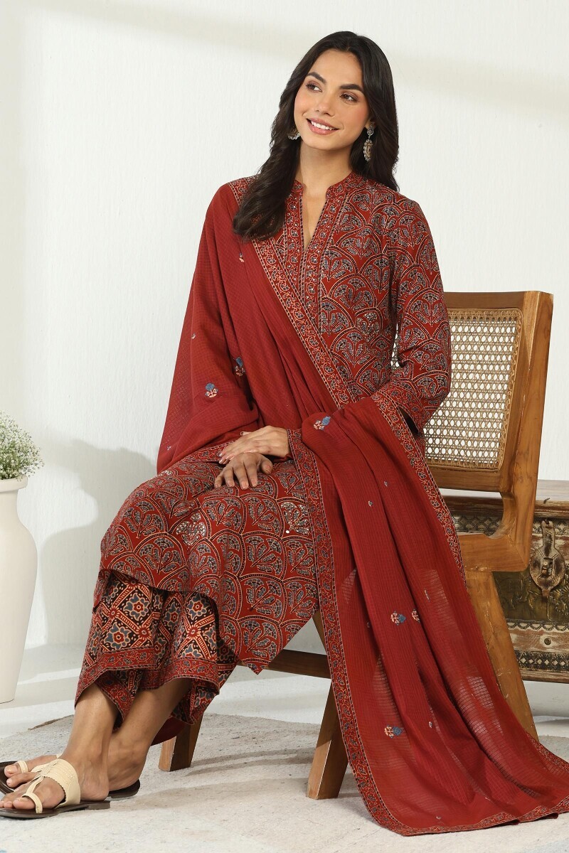 Ajrakh Hand Block-Printed Straight Cotton Kurta