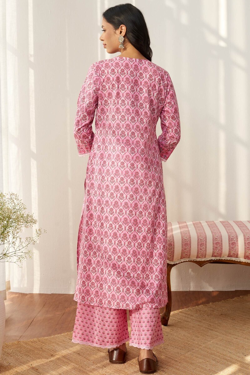 Pink Hand Printed Straight Cotton Kurta