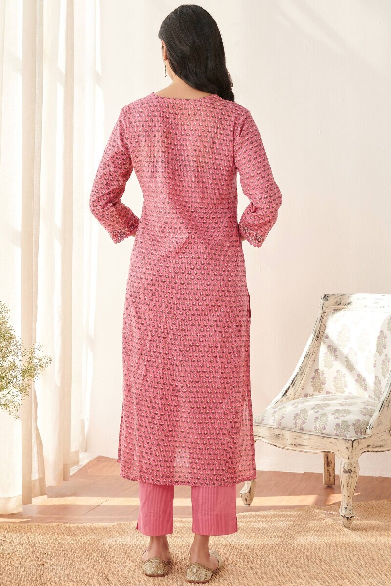 Pink Hand Printed Straight Cotton Dobby Kurta