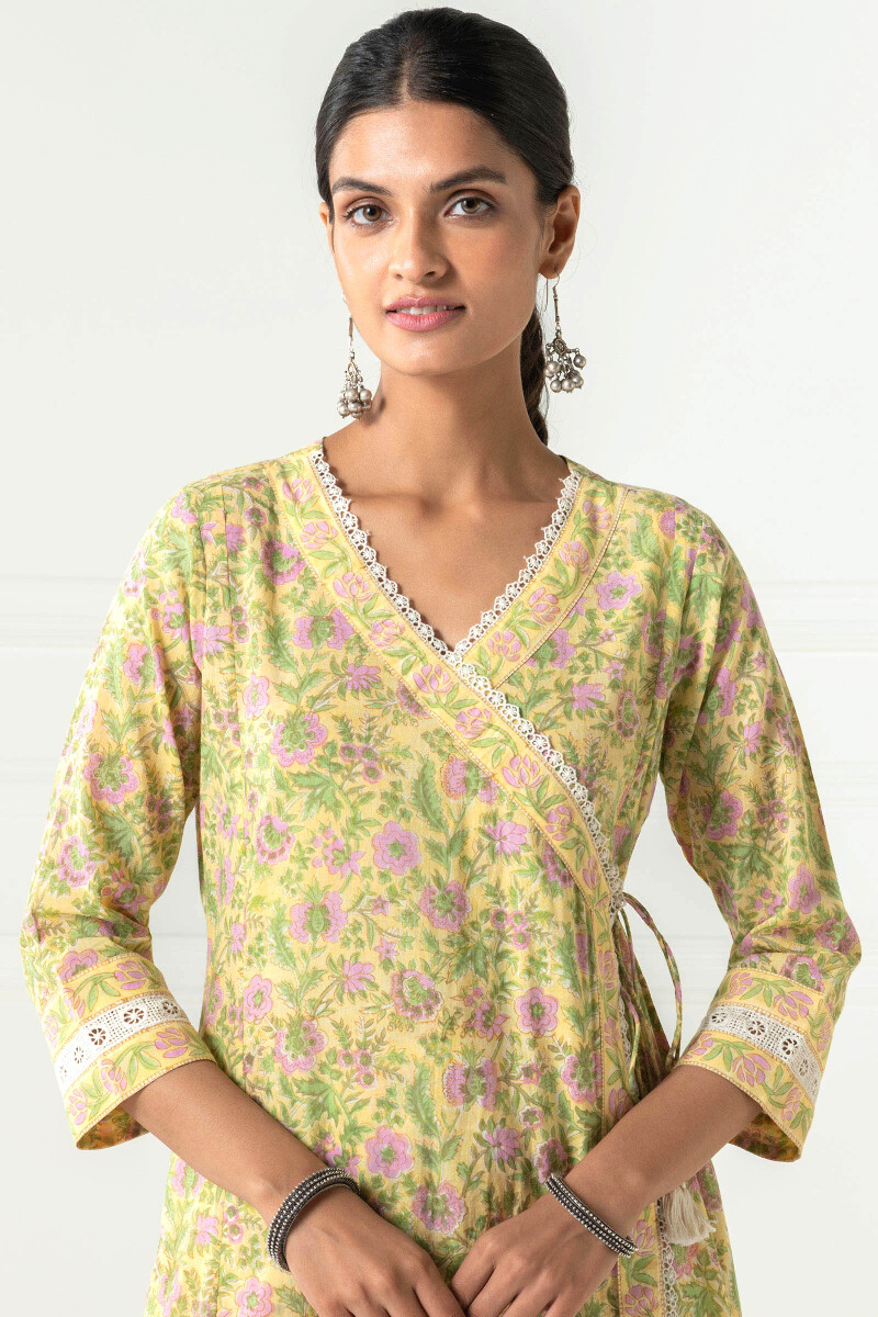 Yellow Block Printed Angrakha Cotton Kurta