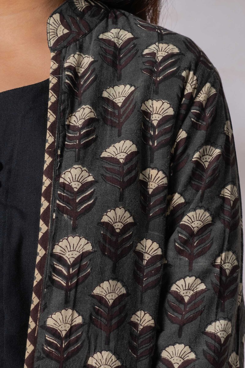 Black Block Printed Handloom Reversible Jacket