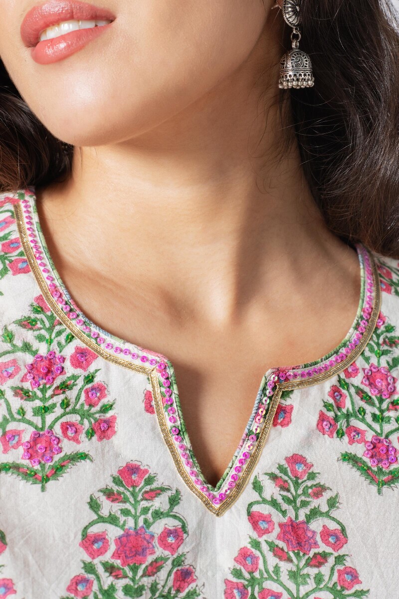 Off-White Block Printed Straight Cotton Kurta