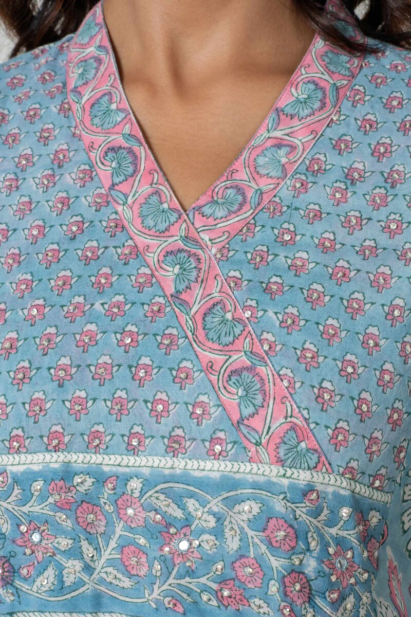 Blue Block Printed A-Line Cotton Kurta