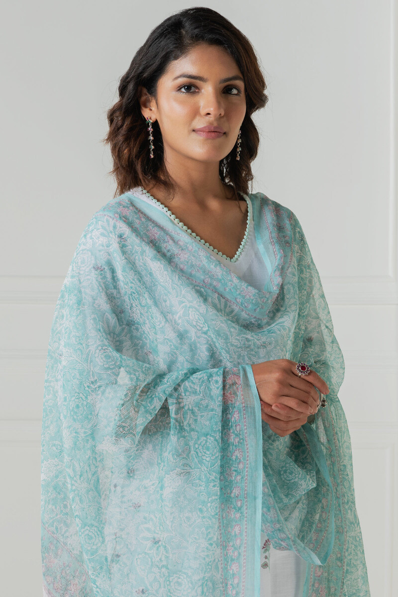 Turquoise Block Printed Kota Dupatta