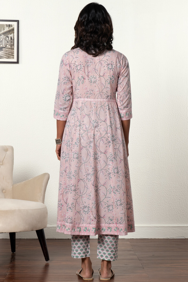 Pink Block Printed Anarkali Cotton Kurta