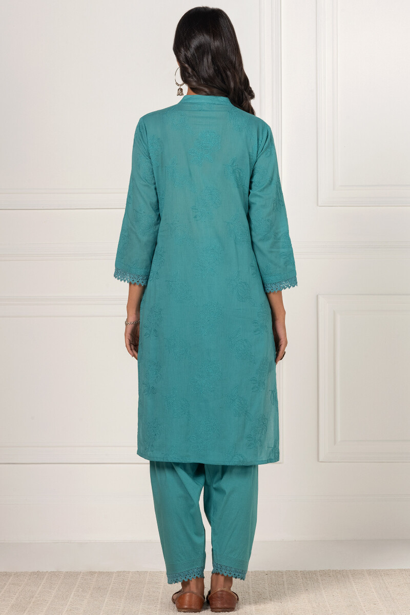 Turquoise Handcrafted Straight Cotton Kurta