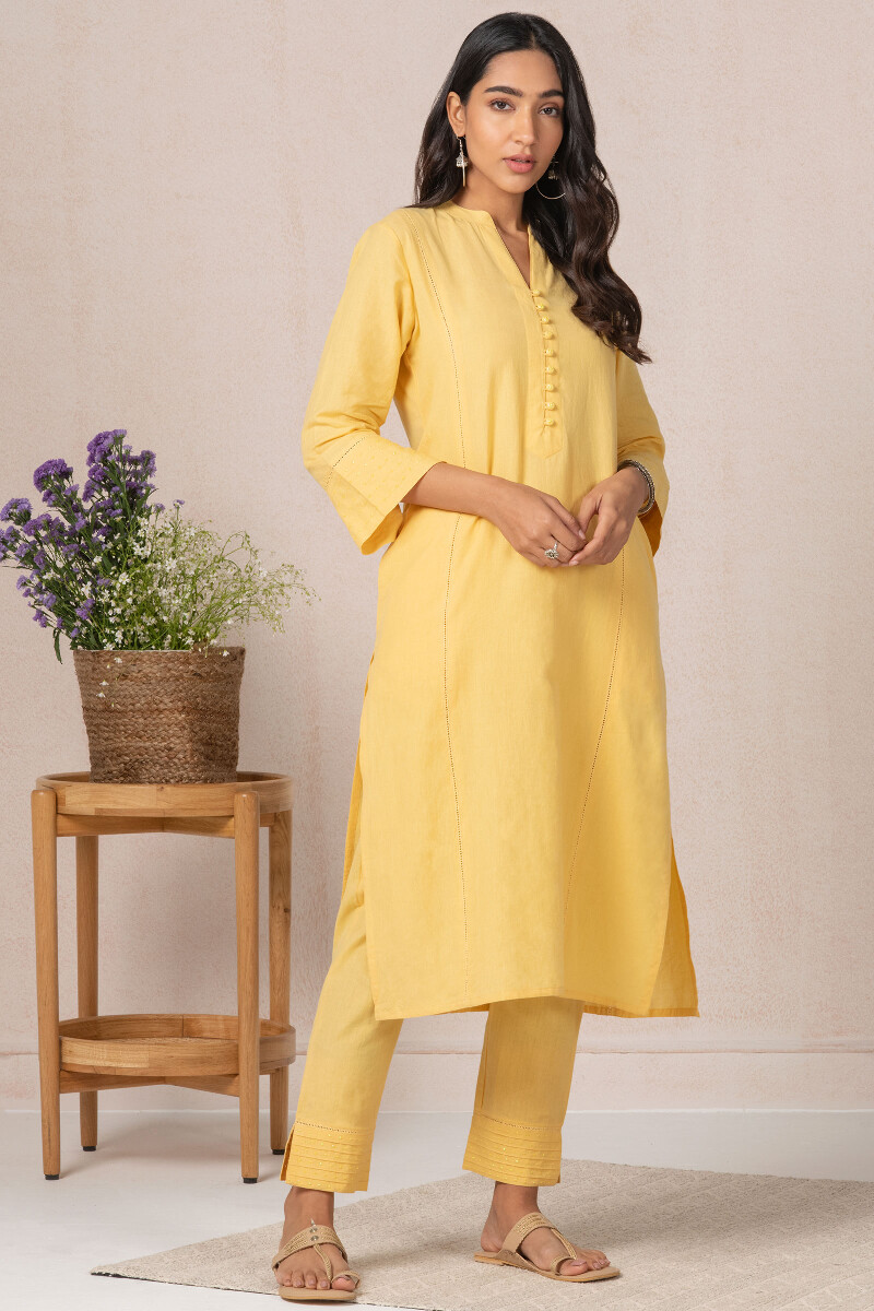 Yellow Handcrafted Straight Cotton Kurta