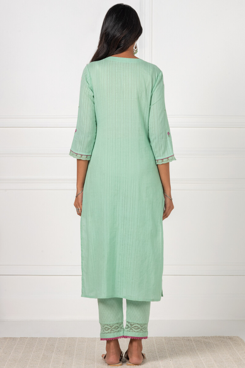 Green Handcrafted Straight Cotton Dobby Kurta