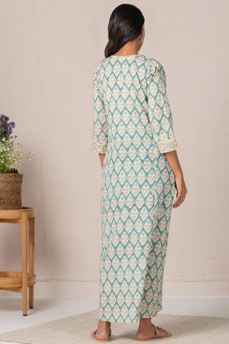 Blue Block Printed Cotton Kaftan