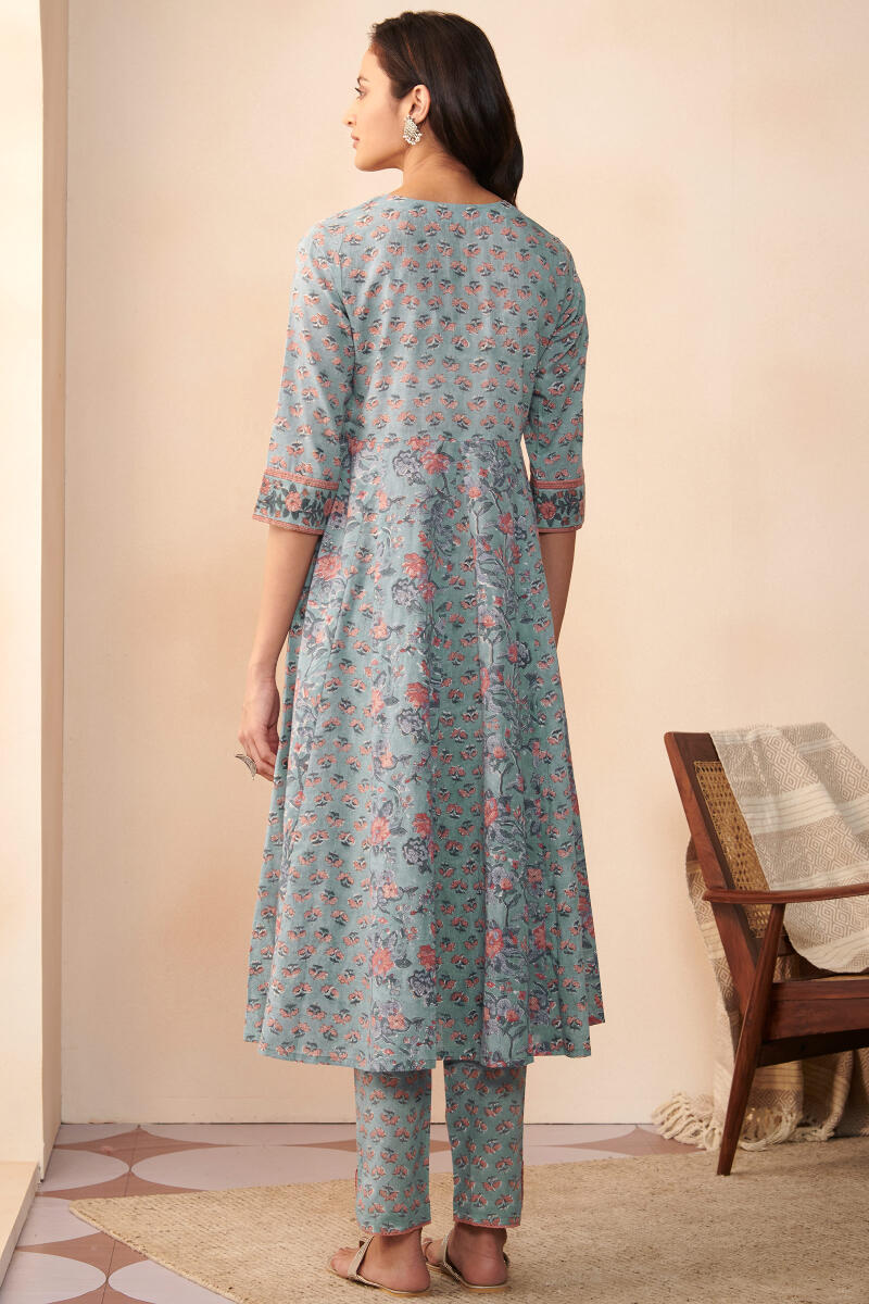 Blue Hand Block Printed Anarkali Cotton Kurta