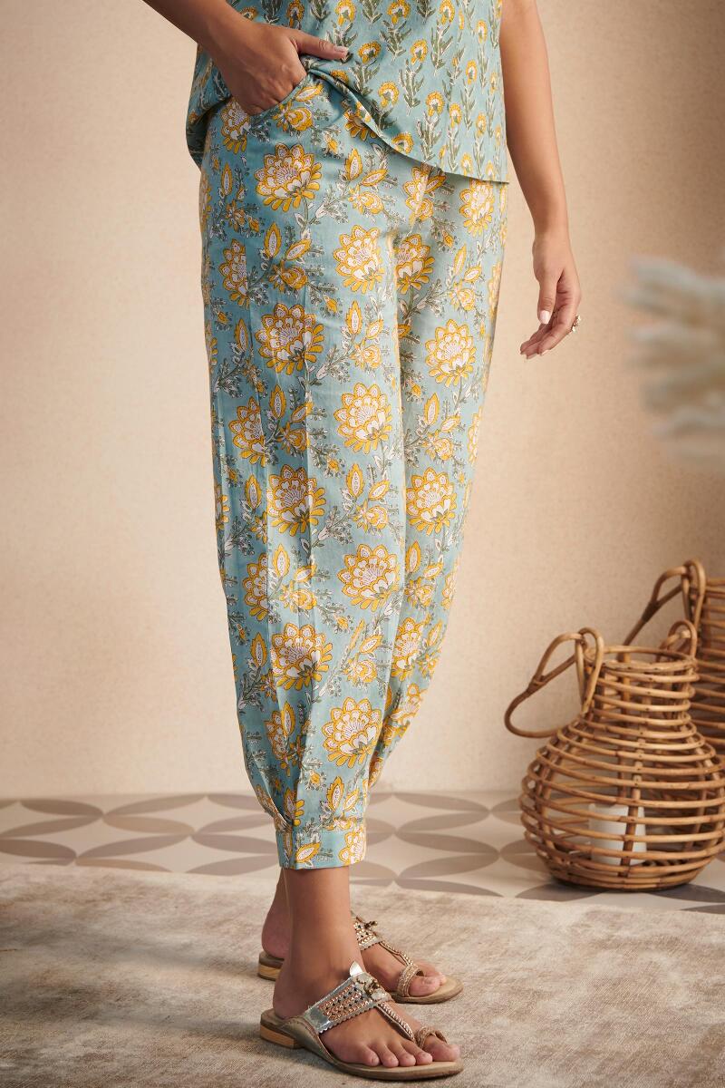 Blue Block Printed Cotton Pyjama Set