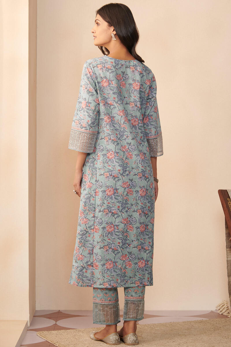 Blue Hand Block Printed Straight Cotton Kurta