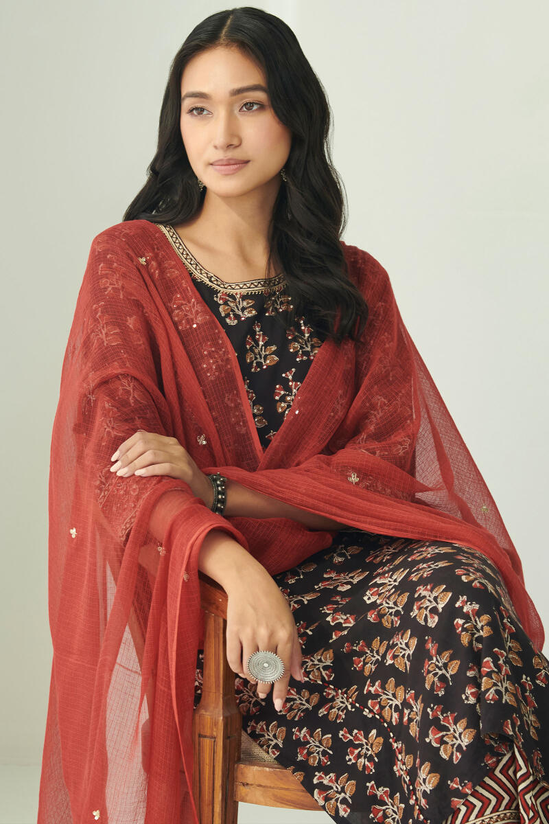 Black Hand Block Printed Straight Shantung Kurta