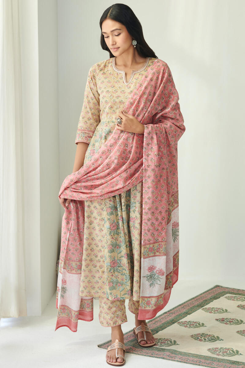 Mustard Hand Block Printed Anarkali Cotton Kurta