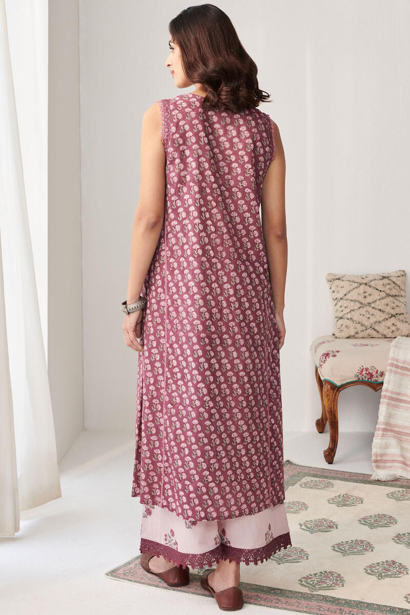 Purple Hand Block Printed A-Line Cotton Kurta