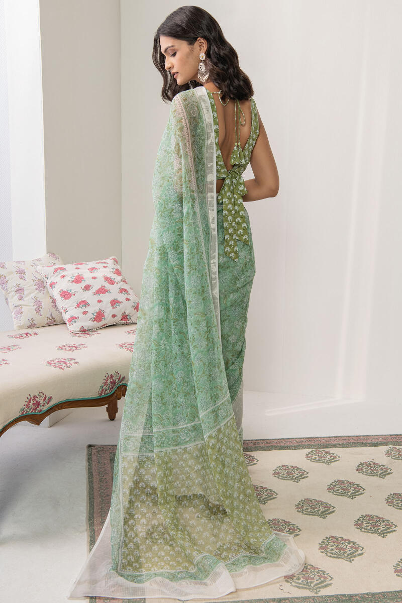 Green Hand Block Printed Kota Silk Saree