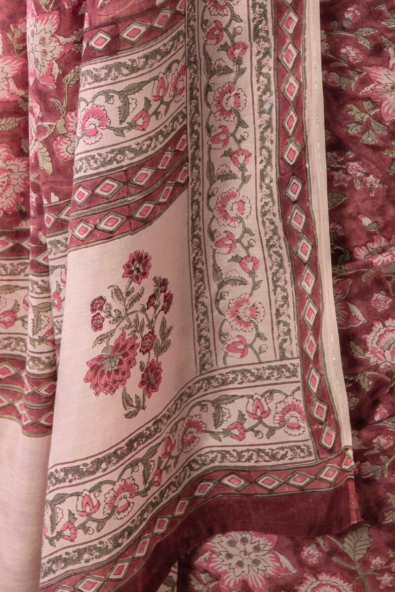 Purple Hand Block Printed Cotton Silk Saree