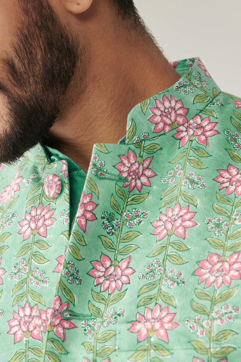 Green Hand Block Printed Cotton Nehru Jacket