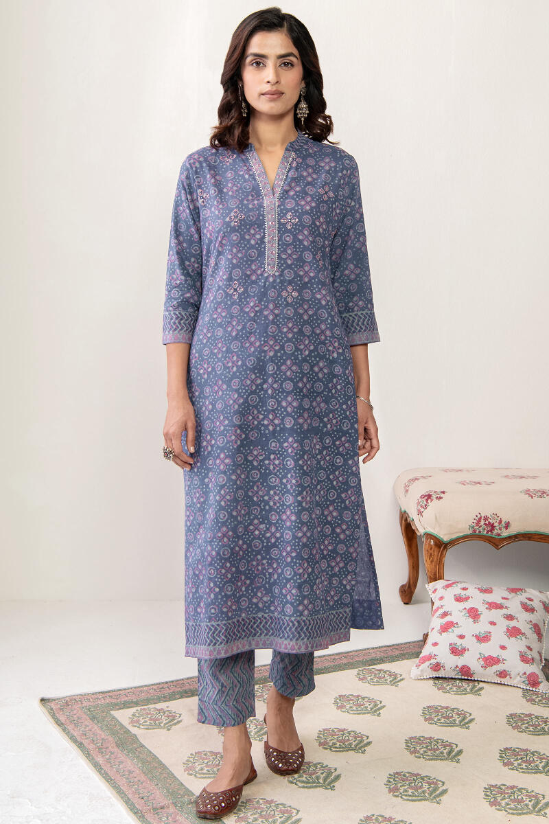 Purple Hand Block Printed Straight Cotton Kurta