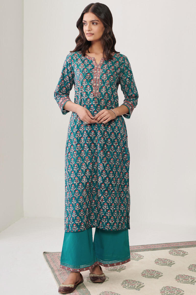 Green Handcrafted Straight Cotton Kurta