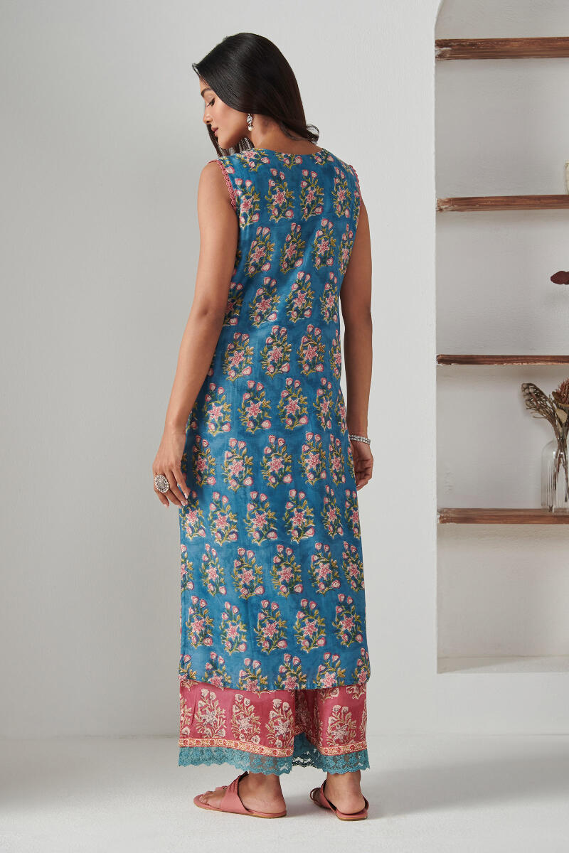 Blue Block Printed Straight Cotton Modal Kurta