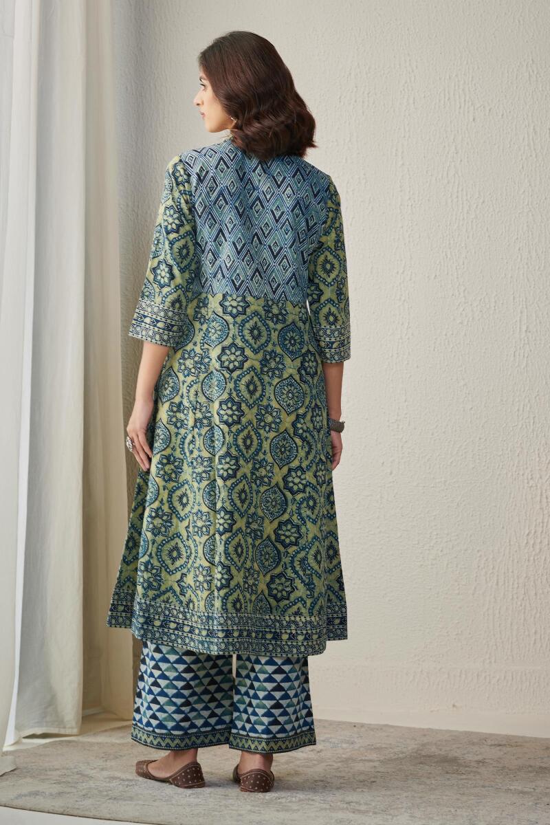 Green Block Printed A-Line Cotton Kurta