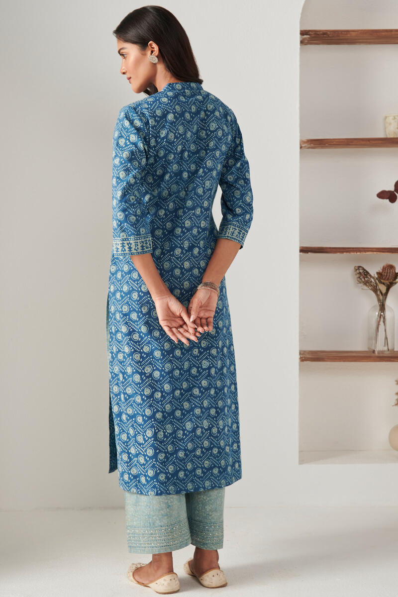 Indigo Block Printed Straight Cotton Kurta