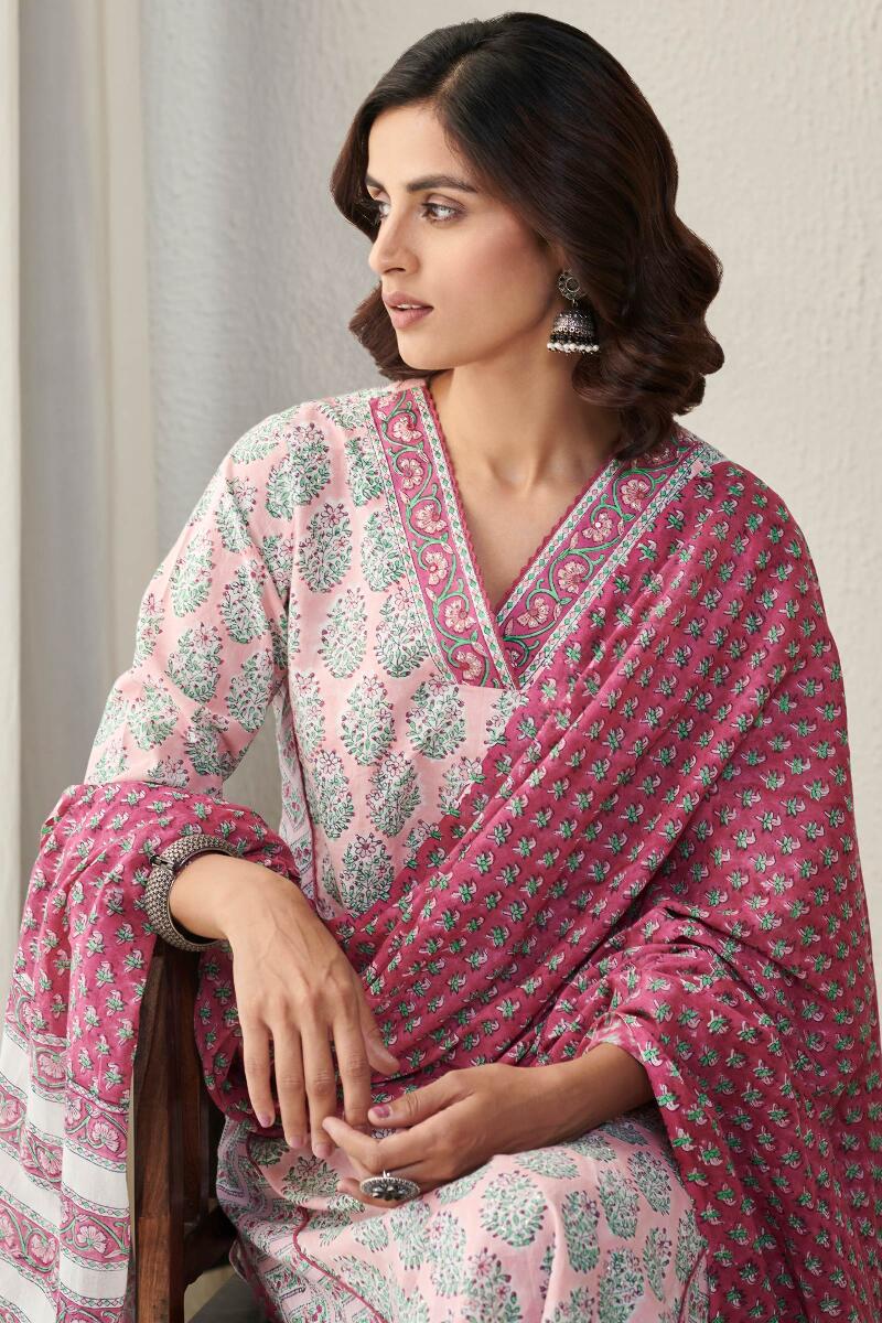Pink Block Printed Straight Cotton Kurta
