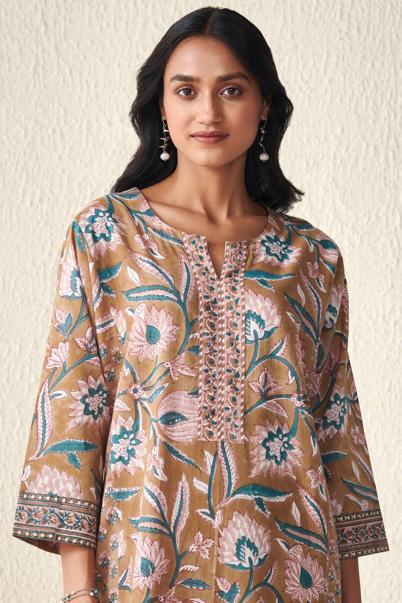 Brown Block Printed Cotton Kaftan