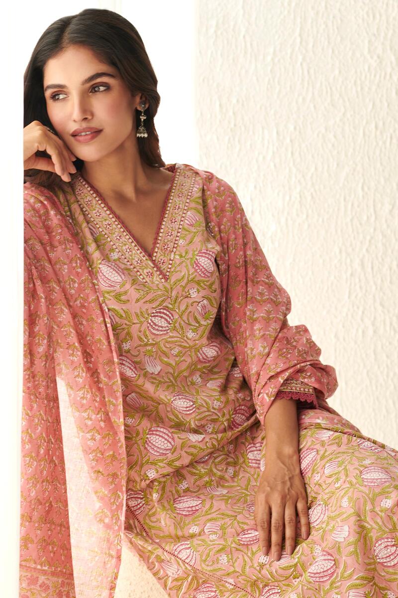Pink Hand Block Printed Straight Cotton Kurta
