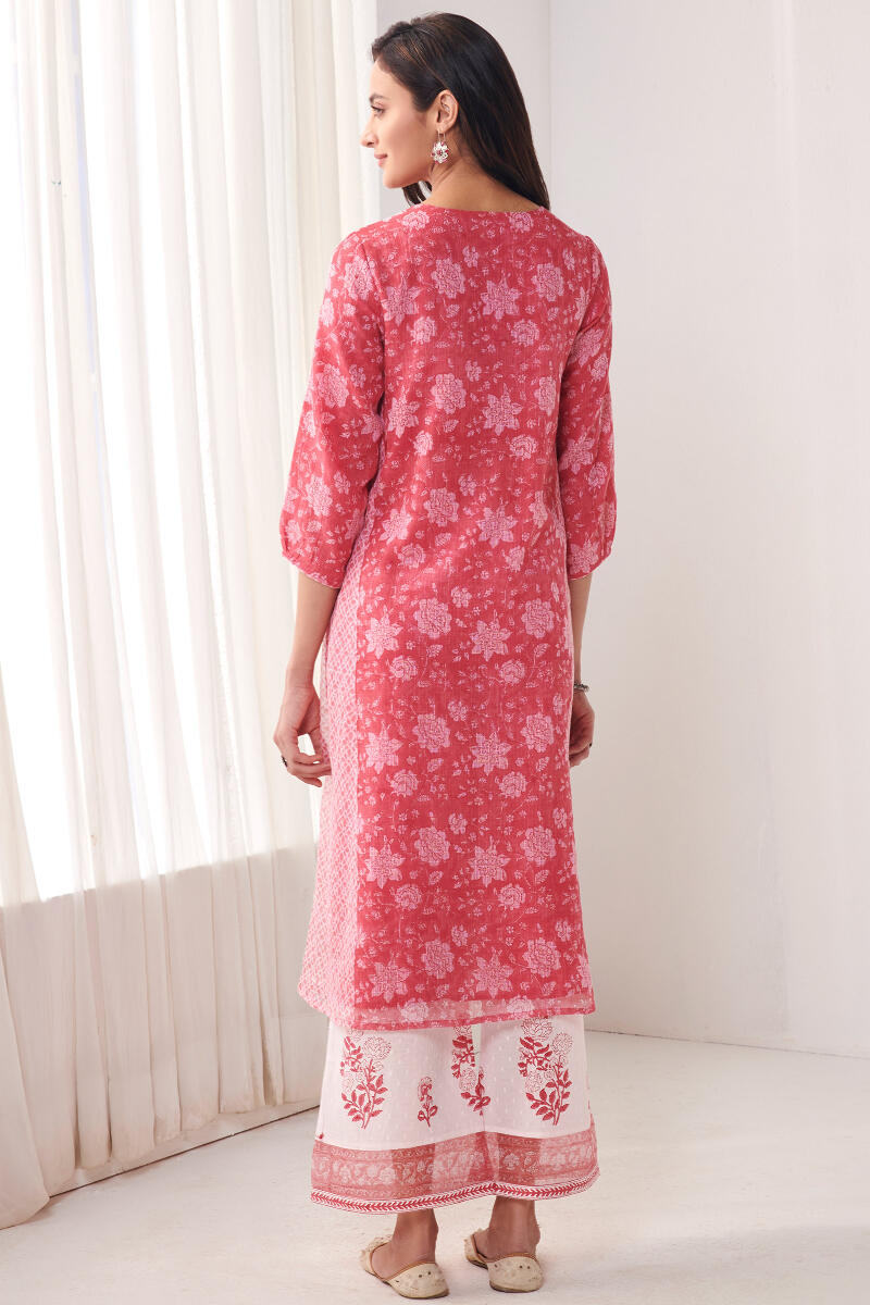 Pink Hand Block Printed A-Line Kota Kurta