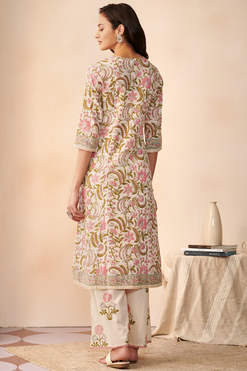Off-White Hand Block Printed A-Line Cotton Dobby Kurta