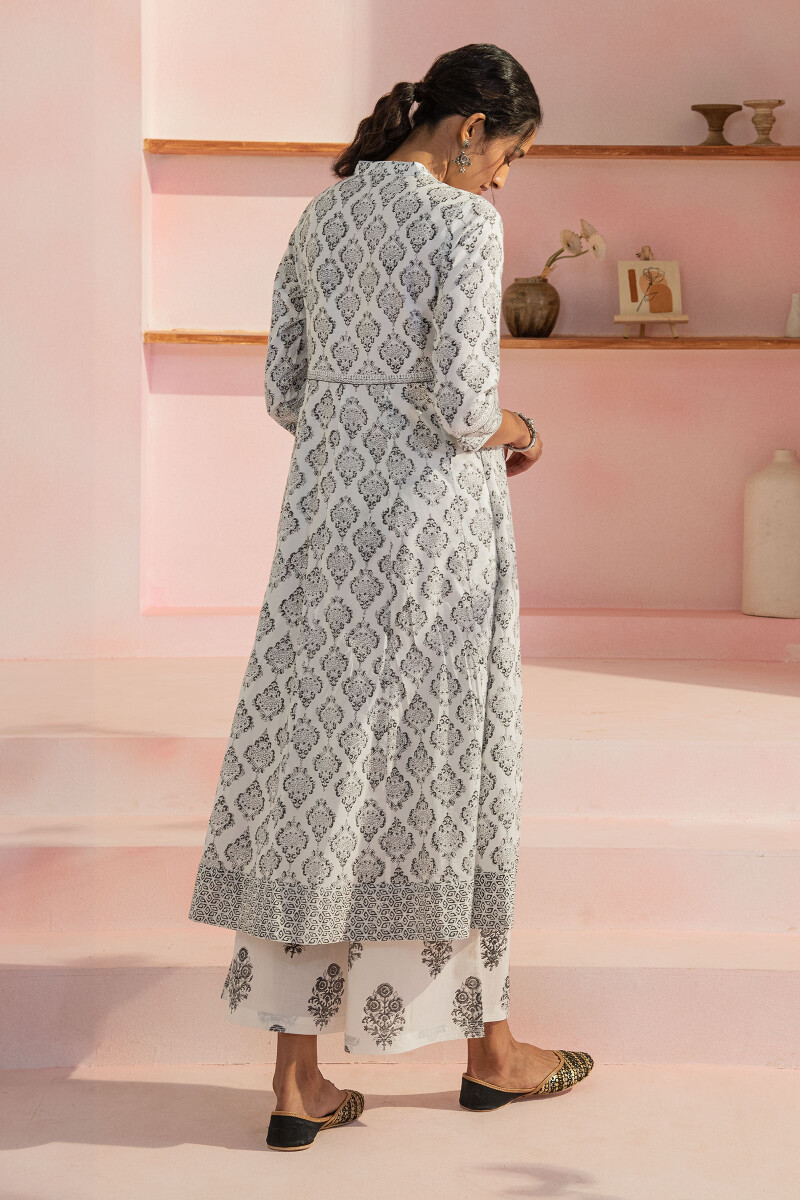 White Block Printed A-Line Cotton Kurta